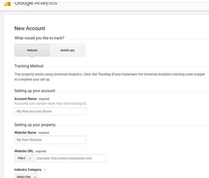 Google Analytics New account page
