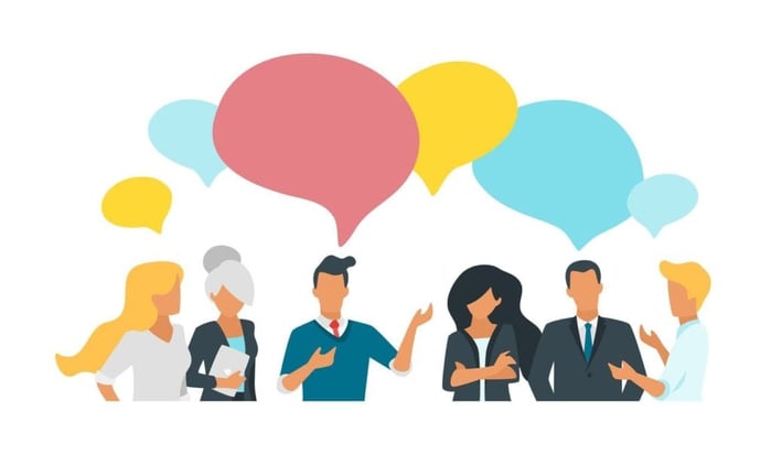 Vector flat style illustration of business people talk about company goals and discussing data. Social networking concept. Minimalism design with people silhouettes and speech bubbles.