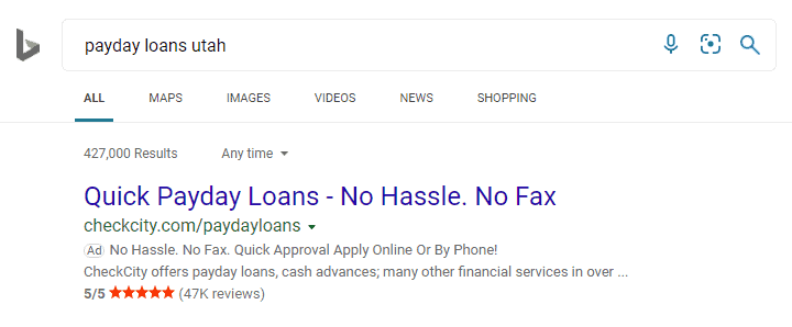 bing search listing for payday loans utah