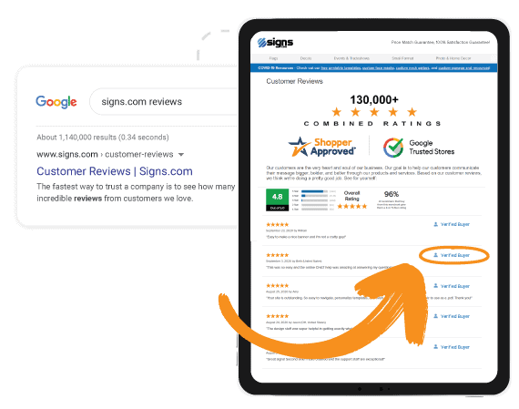 signs.com customer review certificate display with google search engine