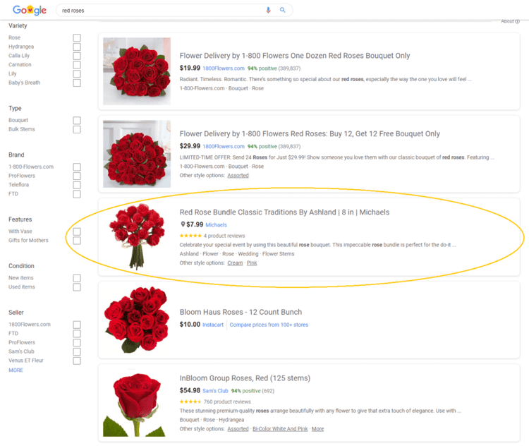 google seller ratings on red rose product listings