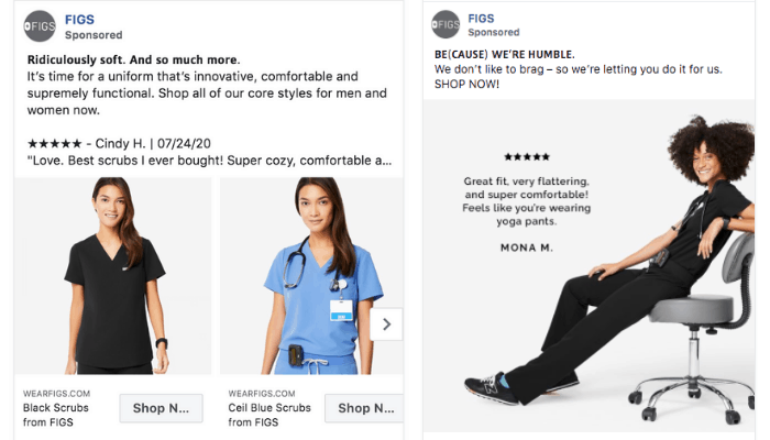 facebook ads of figs with scrub suits with review stars