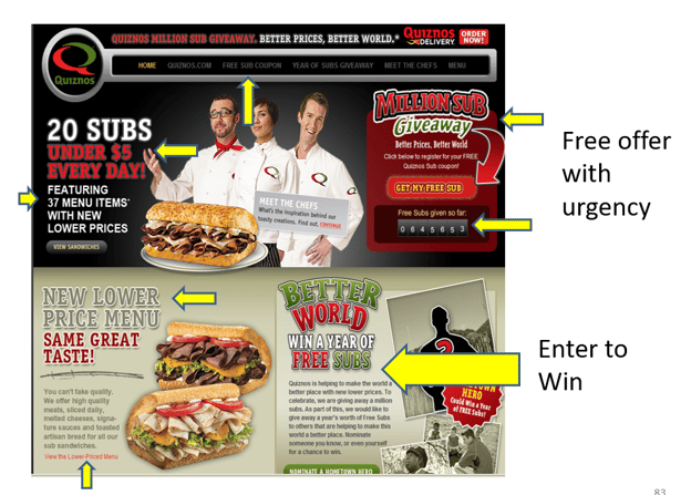 quiznos webpage with incentives