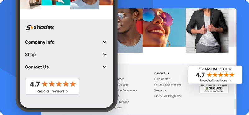 Shopper approved store ratings seal in mobile and in desktop footer